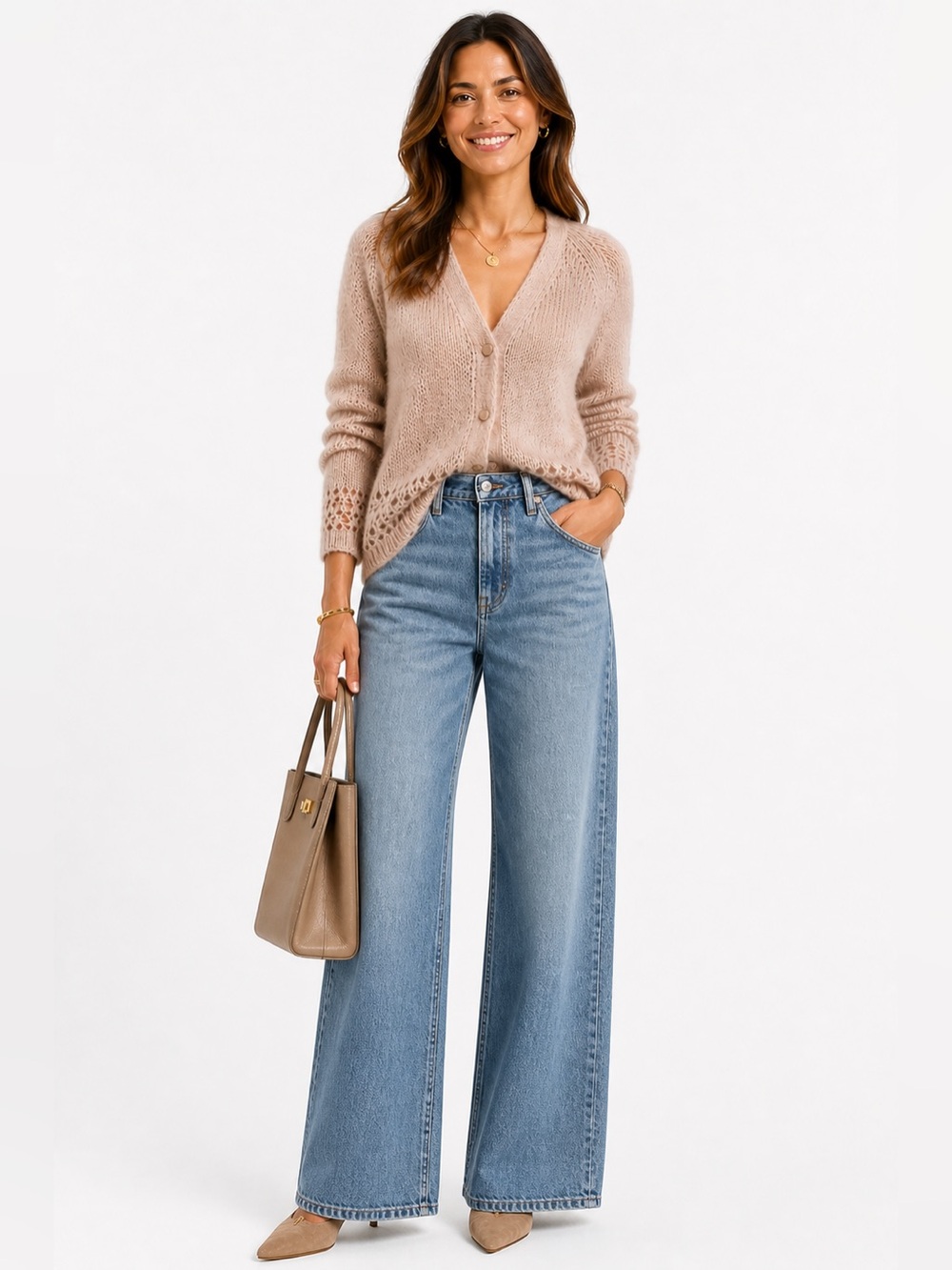 LOFT Neutral Taupe/Pale Pink V-Neck Button Cardigan